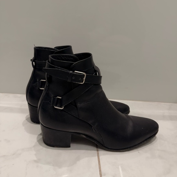 Saint Laurent Shoes - Saint Laurent Black Leather Ankle Booties with Buckle Straps